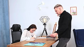 The cute brunette Rihanna Black has sex with her boss in the office chair