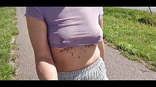 she walks in public, showing off her tits, her nipples sticking out from excitement