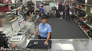 Pawnshop police slut fucked and facialized in office