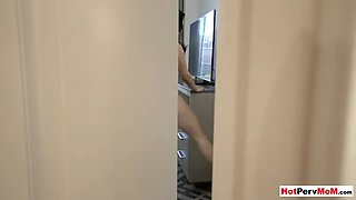 MILF stepmom lets stepson to jerk off on her pussy