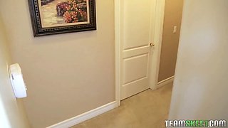 Adorable fit teeny bopper gags on a big milky pecker