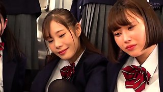 Naughty Asian schoolgirls in nylons share cock in public