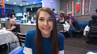 Cute brunette sneaks away in the bathroom to get fucked