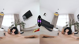 A sexy walk of a brunette teen with long hair in a mini dress