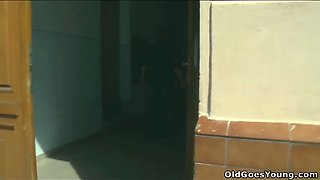 This teenie has first old man who she gives oral and screws her Shaved Pussy