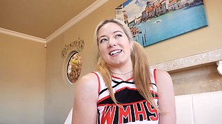 The cheerleader River Lynn fucks in her uniform and gets caught by her boyfriend