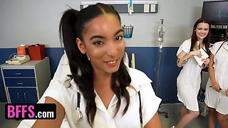 3 hot medics take turns juggling up and down on lucky patient's dick
