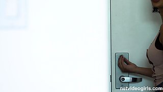 Amateur busty brunette masturbates and does hand job