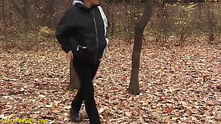 Young chick peeing in the park