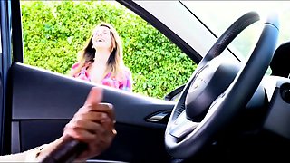 Cute amateur teen watches a hung guy jerking off in the car