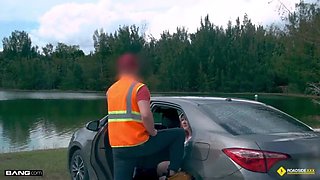 Highway Encounter: Blonde Stunner Harper's Rescue by Mechanics with Monster Cocks