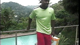 Two tight body hunks bang two lusty ebony sluts by the pool