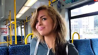 Blonde cutie masturbate inside a public bus