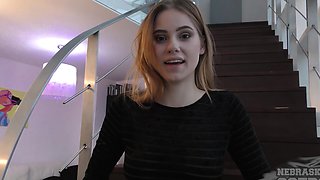 Teen Margarita's tiny titties bounce as she pleasures herself on the couch