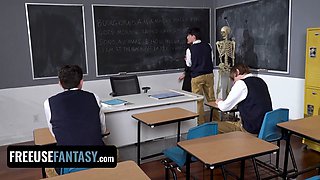Curvy lecturer Valentina Nappi gets fucked by 3 schoolgirls in a classroom - freeuse fantasy