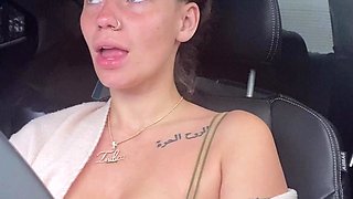 Busty curly brunette with big boobs fucks on couch