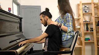 Small tits pupil takes piano teacher for sweet pussy ride