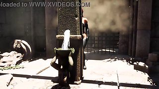 Lara cosplays as Tifa. A super-naughty stone statue's monstrous schlong pummels her taut poon rock-hard.