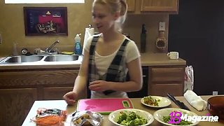 Flat Chested Blonde Emi Clear Nude Cooking in Kitchen - Tiny Tits & Shaved Pussy