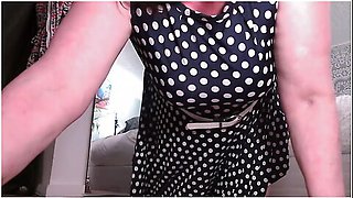 V560 Beautiful Dawn In Polka Dot Dress Showing Off Her Up Skirt And Sexy Silver Heels
