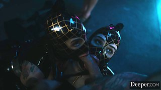 Brunette babes Joanna Angel and Evelyn Claire in a rough latex ffm