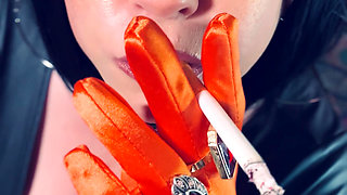 Satin Gloved Cougar Tina Snua Tip To Tails 2 Cigarettes  - Gloves Smoking Smoker Chain Smoking