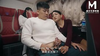 Asian MILF with huge tits has secret public sex on a bus - doggystyle and blowjob threesome HD