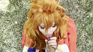 Hot girl in Mereoleona Vermillion from Black Clover cosplay massages her pussy and sucks my cock, slurping it with intense lust