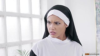 Flirty nun Apolonia talks pretty coeds into having a lesbian threesome