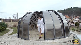 Elder Parent Energetically Romps Young Domina On White Sofa