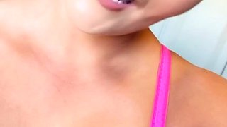 Hot babe with perfect big boobs taking shower