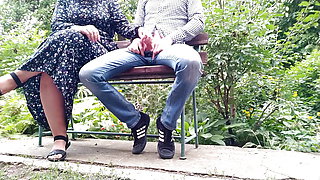 Handjob outdoors in the park with my mother-in-law turned into a magnificent powerful cumshot