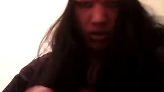 T-girl wanks her rock-solid cock with a closeup