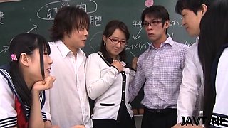 Sexy japanese teacher gets a lot of jock in her tiny holes