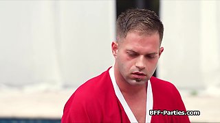 Bikini gfs seducing shy dude into a foursome