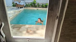 Asian Step Sister Naked Pool Fun - Hot Teen Masturbates Outdoor