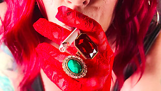 Stunnng Red Haired Cougar Tina Snua Smokes A Cork 100 Cigarette In Red Lace Gloves - Smoking OMI Snap Inhales Nose Exhales