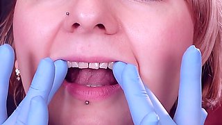 Face and Teeth Fetish Touch: Asmr Video in Blue Medical Mitrile Nurse Gloves. Arya Grander