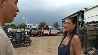 This German slut enjoy a good fuck on tires while at work