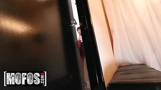 Big-titted babes Tia Cyrus and Gia Milana share a cock in the bathroom