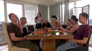 Bianca M and other horny chicks have group sex on the dining table