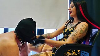 Spitting and slapping for a sex slave practicing deep throat. Dominatrix Nika fucks her slaves face