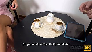 Cuck4k. old man looks happy while his chesty wifey having porno with realistic robot