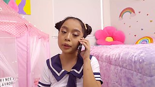 Stepfather fucks asian schoolgirl while she talks to his boyfriend on the phone