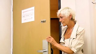 Short-haired slim mature woman seduced for sex