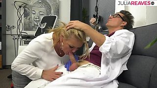 Blonde MILF doctor eats cum after hard fuck with huge tits