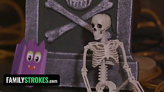 Step-father & daughter-in-law are gigantic bad wolf & little crimson riding hood for halloween & stepmom is envious