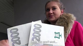 Camera crew offers this lovely girl some money for a quick blowjob