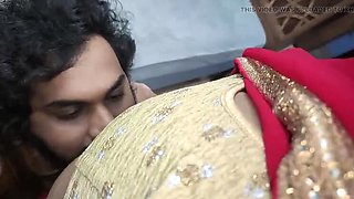 Hot Indian Wife in Red Half Saree - Navel Lick & Romantic Kissing