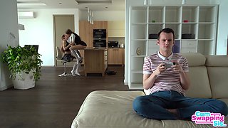 horny stepsisters fuck their new stepbrother in the living room